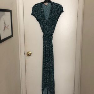 High low green paisley faux wrap dress
